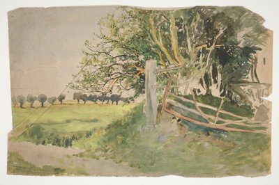 Landschaft mit Bäumen und kaputtem Zaun von Edwin Austin Abbey