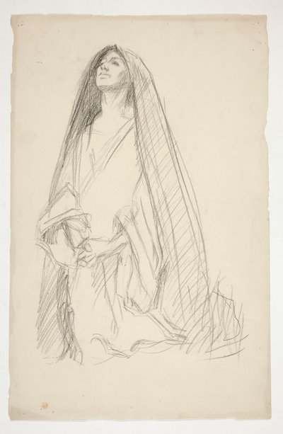 Skizze einer verhüllten weiblichen Figur im Gebet für Drei Marien am Kreuz von Edwin Austin Abbey