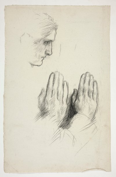 Skizze eines jungen Mannes im Profil; Skizze von zwei betenden Händen von Edwin Austin Abbey