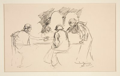 Skizze von vier Männern in mittelalterlicher Kleidung an einem Tisch - nicht identifizierte Illustration, möglicherweise für von Edwin Austin Abbey
