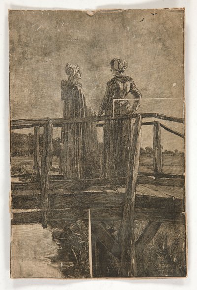 Unbetitelter Holzschnitt von E.A. Abbey (?) von zwei Damen auf einer Holzbrücke - Illustration für William Black von Edwin Austin Abbey