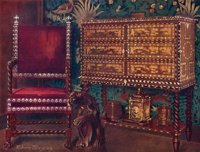 Gruppe von spätsechzehntem Jahrhundert kontinentalen Möbeln: Portugiesischer Schrank aus Kastanienholz, eingelegt mit Elfenbein, Ebenholz und farbigen Hölzern, spiralförmig gedrehter Armstuhl von Edwin John Foley