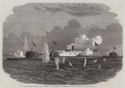 Die gepanzerte Fregatte New Ironsides und zwei Ericsson-Batterien gehen in Charleston in Aktion von Edwin Weedon