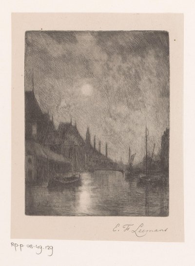Flussansicht in einer Stadt bei Nacht von Egide François Leemans (signed by artist)