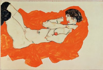 Liegender weiblicher Akt auf rotem Tuch von Egon Schiele