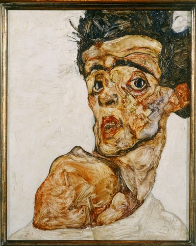 Selbstbildnis mit hochgezogener nackter Schulter von Egon Schiele