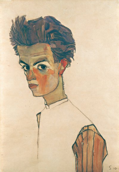 Selbstporträt mit gestreiftem Hemd von Egon Schiele
