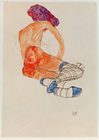 Sitzender weiblicher Akt mit blauem Strumpfband von Egon Schiele
