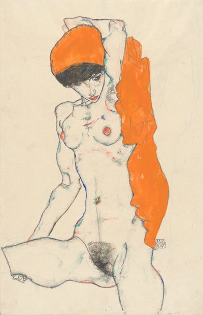 Stehender Akt mit orangefarbener Draperie, 1914 von Egon Schiele
