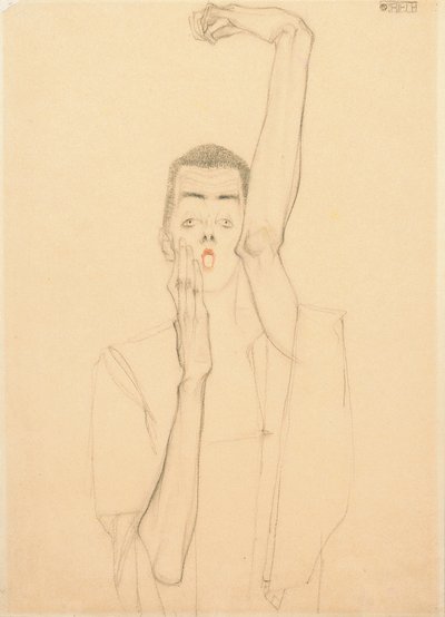Junger Mann mit erhobenem Arm und rotem Mund; Selbstbildnis mit erhobenem linken Arm und rotem Mund, 1909 von Egon Schiele