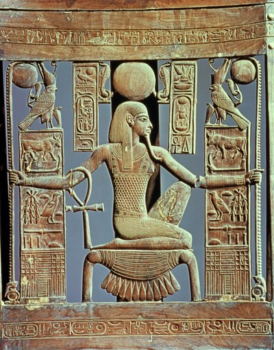 Rückseite eines Stuhls aus dem Grab von Tutanchamun (ca. 1370-52 v. Chr.), das den Geist der Millionen Jahre darstellt, Neues Reich (Zedernholz) von Egyptian 18th Dynasty