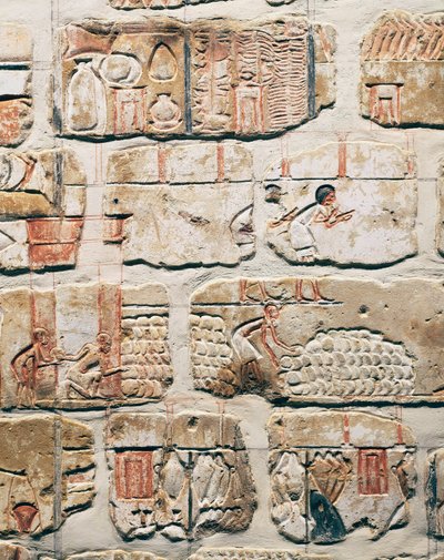 Ägyptische Zivilisation, Fragmente der Talatat-Mauer, aus dem Tempel von Amenhotep IV in Karnak, Luxor, Ägypten von Egyptian 18th Dynasty