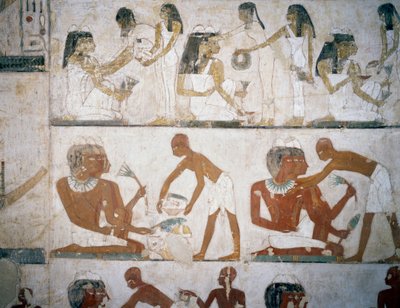 Begräbnisfest mit Musikerinnen, Frauen, die Schmuck anlegen, Männer und Musiker, Fresken im Grab des Rekhmire, Scheich Abd el-Qurnah Nekropole, Luxor, Theben (Unesco-Welterbeliste) von Egyptian 18th Dynasty