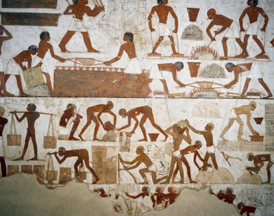 Metallverarbeitung und Ziegelherstellung, Detail aus Fresken im Grab von Rekhmire, Sheikh Abd el Qurnah Nekropole, Luxor, Theben (Unesco-Welterbeliste) von Egyptian 18th Dynasty