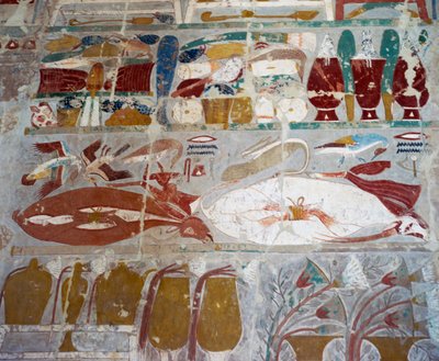 Vorräte und Keramik, die von Königin Hatschepsut den Göttern angeboten wurden, bemaltes Relief, Anubis-Kapelle, Totentempel der Königin Hatschepsut, auch bekannt als Djeser-Djeseru, Deir el-Bahri, Theben. Ägyptische Zivilisation, Neues Reich, Dynastie XVII von Egyptian 18th Dynasty