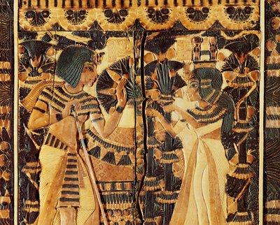 Oberes Paneel von einer Truhe, aus dem Grab von Tutanchamun, Neues Reich (Holz, Bronze, Elfenbein & farbige Glasur) von Egyptian 18th Dynasty