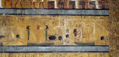 Boote mit Sistren, Göttinnen und Skarabäus, Gott mit Straußenfeder und Mond auf Kasten, Fresko aus der großen Hypostylhalle des Grabes von Sethos I., Tal der Könige, Luxor, Theben von Egyptian 19th Dynasty