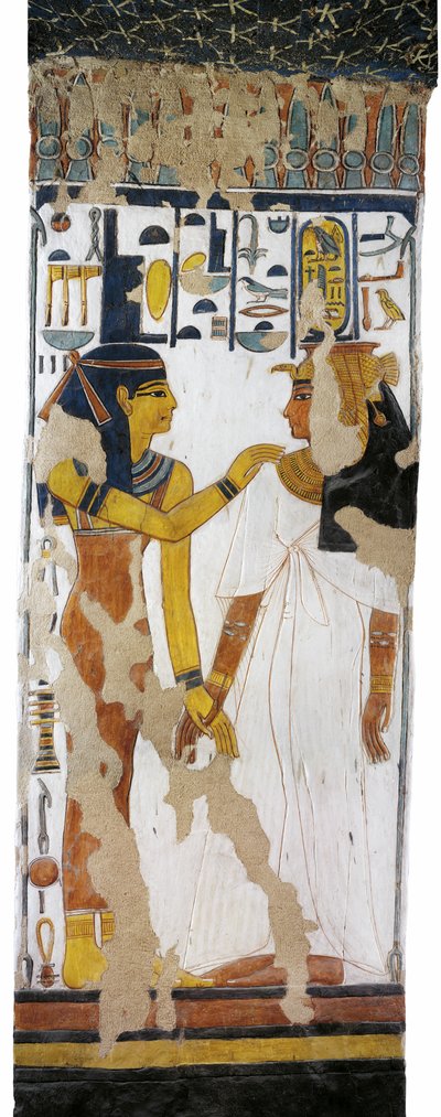 Tal der Königinnen, Grab von Nefertari, Wandmalerei von Isis und Königin auf Säule in der Grabkammer aus der 19. Dynastie von Egyptian 19th Dynasty