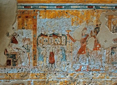 Ägyptische Antike: Darstellung von Shuroy und seiner Frau, die den Gott Osiris verehren, der vor den vier Söhnen des Horus sitzt, auf einem Papyrusblatt. Malerei aus dem Grab von Shuroy (TT13). 20. Dynastie. 1190-1077 v. Chr. Nekropole von Dra Abu el-Naga, von Egyptian 20th Dynasty