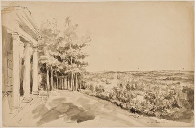 Ansicht des Bacchustempels und des gotischen Tempels im Hintergrund in Painshill von Elias Martin