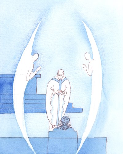 Die Heilige Eucharistie, die Jesus Christus wirklich gegenwärtig ist, ist ein so großes und heiliges Geschenk, dass zwei Engel den Priester begleiten, während er das gesegnete Sakrament zu uns bringt, zur Heiligen Kommunion, 2005 von Elizabeth Wang
