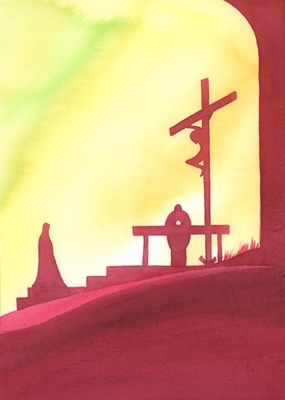 Die Messe ist wie ein Fenster in die Zeit, durch das wir dem rettenden Opfer Christi beiwohnen, während Maria zusieht von Elizabeth Wang