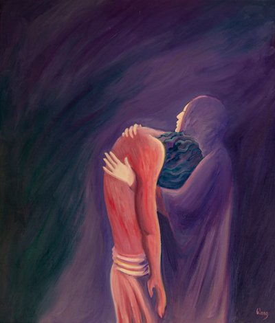 Die schmerzhafte Jungfrau Maria hält ihren Sohn Jesus nach seinem Tod, durchbohrt vom Schmerz, aber voller Glauben, 2000 von Elizabeth Wang
