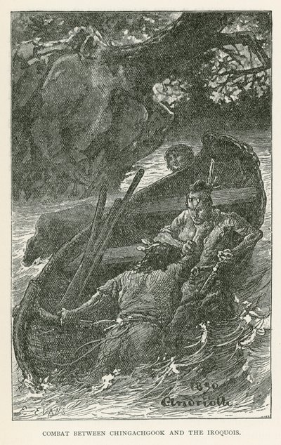 Kampf zwischen Chingachgook und den Irokesen (Gravur) von Elviro Michael Andriolli