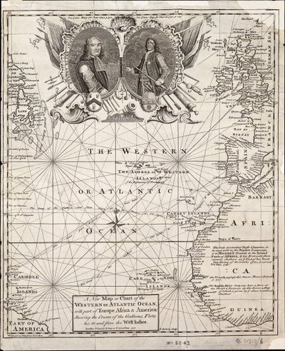 Eine neue Karte oder ein Diagramm des westlichen oder Atlantischen Ozeans mit Teilen von Europa, Afrika und Amerika: zeigt den Kurs der Galeonen zu und von den Westindischen Inseln von Emanuel Bowen