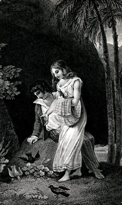 Gravur, die eine späte Ausgabe des 19. Jahrhunderts des Romans von Jacques-Henri Bernardin de Saint Pierre (Jacques Henri Bernardin de Saint-Pierre): Paul et Virginie illustriert. Vögel landen ohne Angst in der Nähe des jungen Liebespaares im Wald. Zeichnu von Emile Antoine Bayard