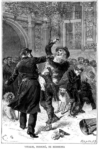 Illustration von Emile Bayard für Hector Malots Roman "Sans Famille": in Toulouse wird Monsieur Vitalis, unwürdig, von einem Polizisten vor Remi und seinen Freunden, den gelehrten Tieren der Truppe, verhaftet: Joli-Coeur, der Affe von Emile Antoine Bayard