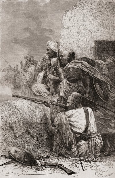 Nordafghanische Rebellen kämpfen 1878 in den Bergen von Hazara, Pakistan, gegen die Briten von Emile Antoine Bayard