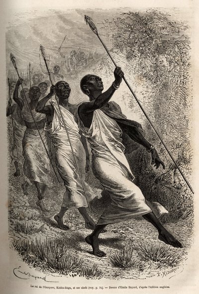 Die Ankunft von Kabba Rega, König der Ounyoro (Ost-Sudan) und die Häuptlinge seines Hofes, im Lager von Sir Baker zu einem offiziellen Besuch, graviert nach einer Zeichnung von Emile Bayard, zur Illustration einer Expedition in Zentralafrika, zur Unterdrüc von Emile Antoine Bayard