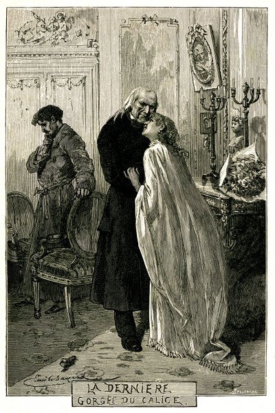 Victor Hugo "Die Elenden", "Der letzte Schluck aus dem Kelch". Illustration von Emile Bayard. Der ehemalige Sträfling Jean Valjean wurde alt mit Cosette und Marius. Gravur der Ollendorff-Ausgabe 1906 von Emile Antoine Bayard