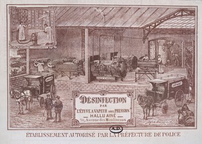 Plakat, das Maschinen zur Desinfektion durch Dampf bewirbt, produziert von Hallu Aine, Ende des 19. Jahrhunderts von Emile Bourdelin