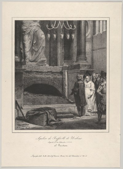 Das Grab von Raffael, geöffnet am 14. September 1833, Pantheon, Rom, 1833 von Emile Jean Horace Vernet