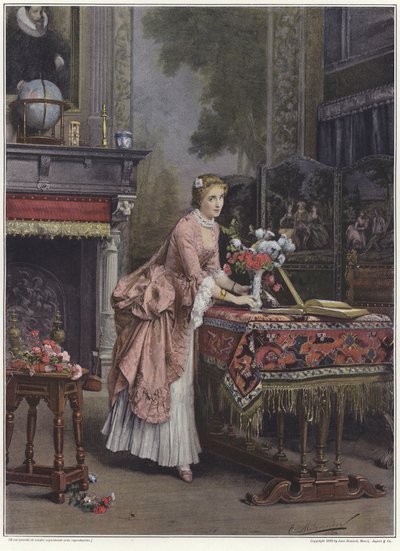 Eine Frau stellt eine Vase mit Blumen auf einen Tisch von Emile Pierre Metzmacher