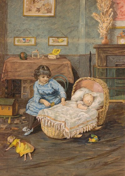 Mädchen, das über ein Baby in einer Wiege wacht (Chromolithografie) von Emily Jane Harding Andrews