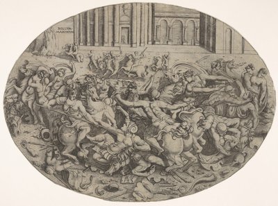 Kampf zwischen Amazonen und Männern vor architektonischen Arkaden, eine ovale Komposition (1543) von Enea Vico