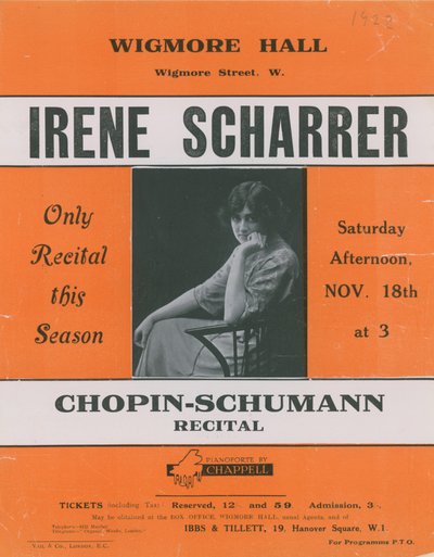 Anzeige für ein Chopin-Schumann-Konzert mit Irene Scharrer von English Photographer
