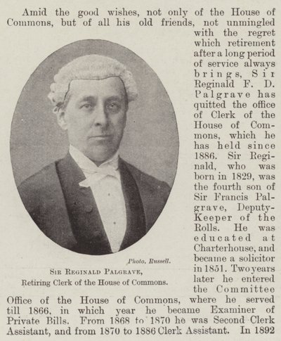 Sir Reginald Palgrave, scheidender Sekretär des House of Commons von English Photographer