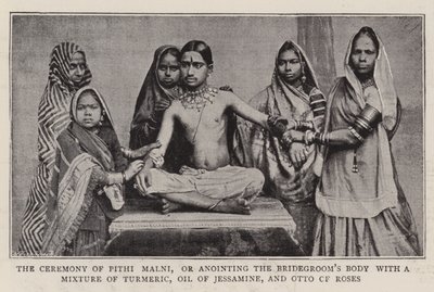 Die Zeremonie von Pithi Malni, oder das Einreiben des Bräutigams mit einer Mischung aus Kurkuma, Jasminöl und Rosenöl von English Photographer