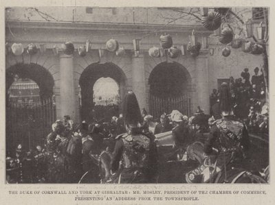 Der Herzog von Cornwall und York in Gibraltar, Herr Mosley, Präsident der Handelskammer, überreicht eine Adresse von den Stadtbewohnern von English Photographer