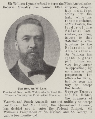Der ehrenwerte Sir W Lyne, Premier von New South Wales, der die Ehre ablehnte, das erste Bundesministerium zu bilden von English Photographer