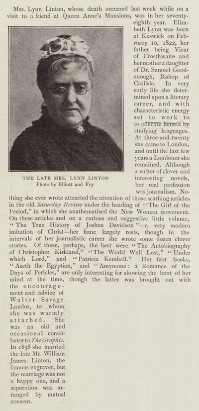 Die verstorbene Mrs. Lynn Linton von English Photographer