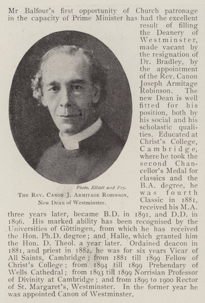 Der Reverend Kanoniker J Armitage Robinson, neuer Dekan von Westminster von English Photographer
