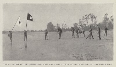 Die Lage auf den Philippinen, amerikanisches Signal Corps verlegt eine Telegrafenleitung unter Beschuss von English Photographer