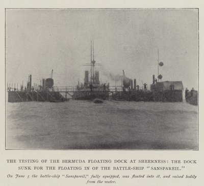 Die Prüfung des Bermuda-Schwimmdocks in Sheerness, das Dock wurde für das Einlaufen des Schlachtschiffs Sanspareil versenkt von English Photographer