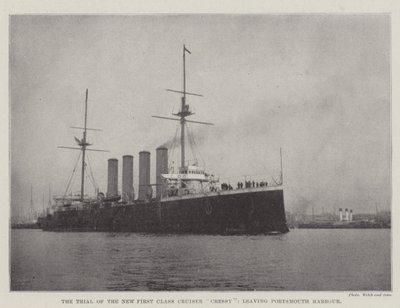 Die Erprobung des neuen Kreuzers erster Klasse Cressy, verlässt den Hafen von Portsmouth von English Photographer