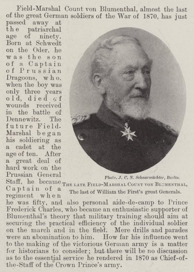 Der verstorbene Feldmarschall Graf von Blumenthal, der letzte der großen Generäle von Wilhelm I. von English Photographer